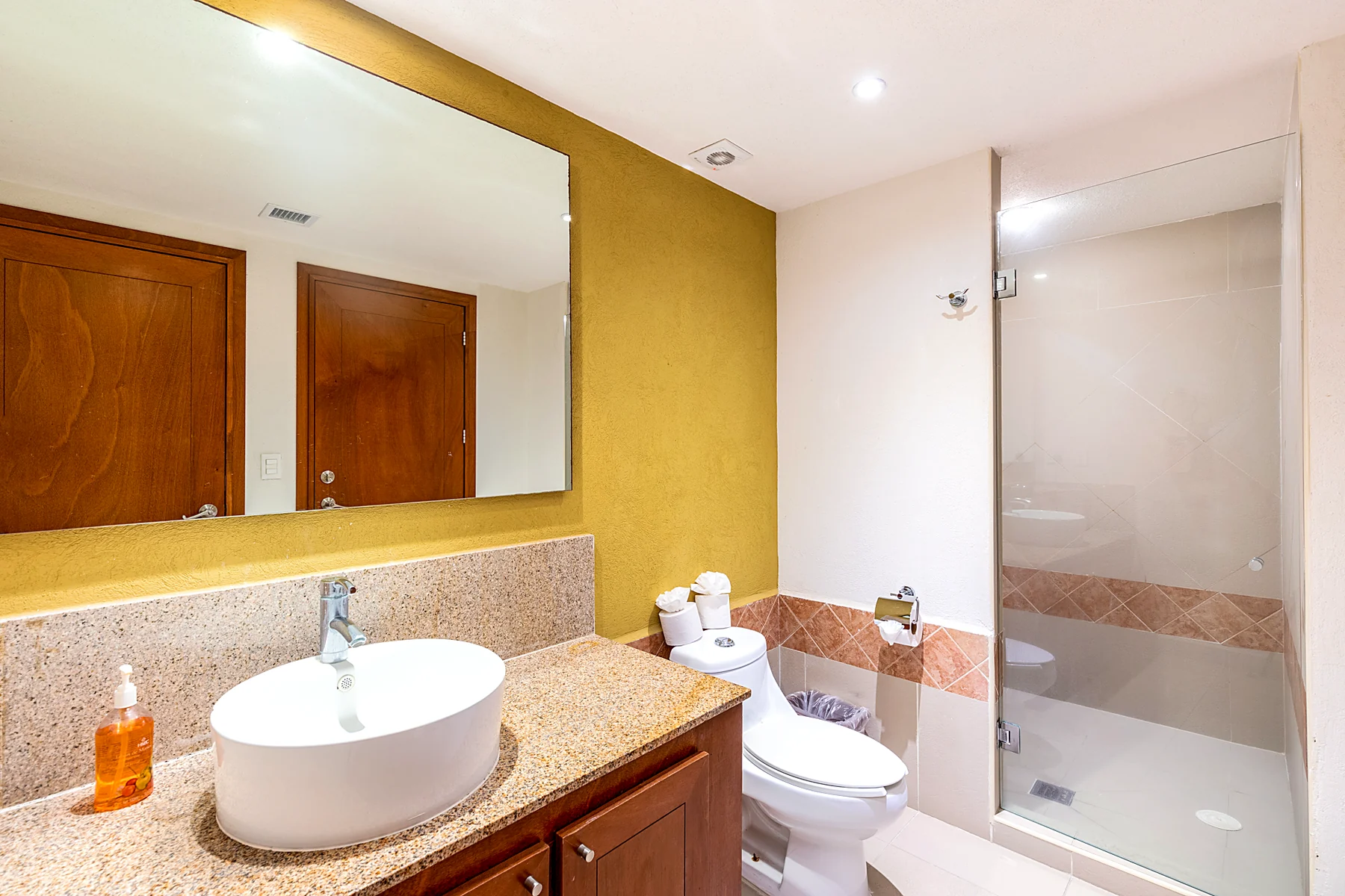 Baño con regadera de cristal y lavabo de piedra